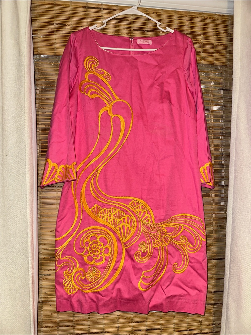 Beautiful Lilly Pulitzer Pink Cotton Dress w/ Yellow-Gold Embroidery